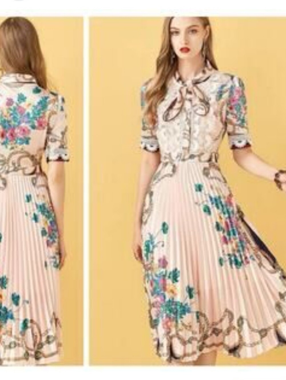 Dalia Macphee Pink Floral Bow-Neck Pleated Midi Dress Size Small